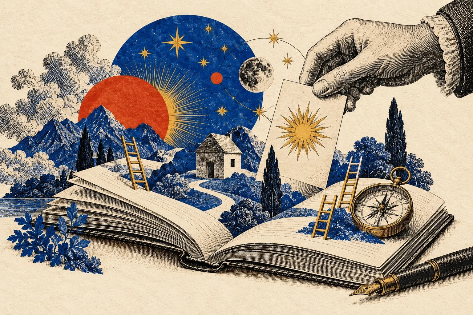 An engraved hand places a sunlit card into an open book, with a paper house and compass unfolding from its pages
