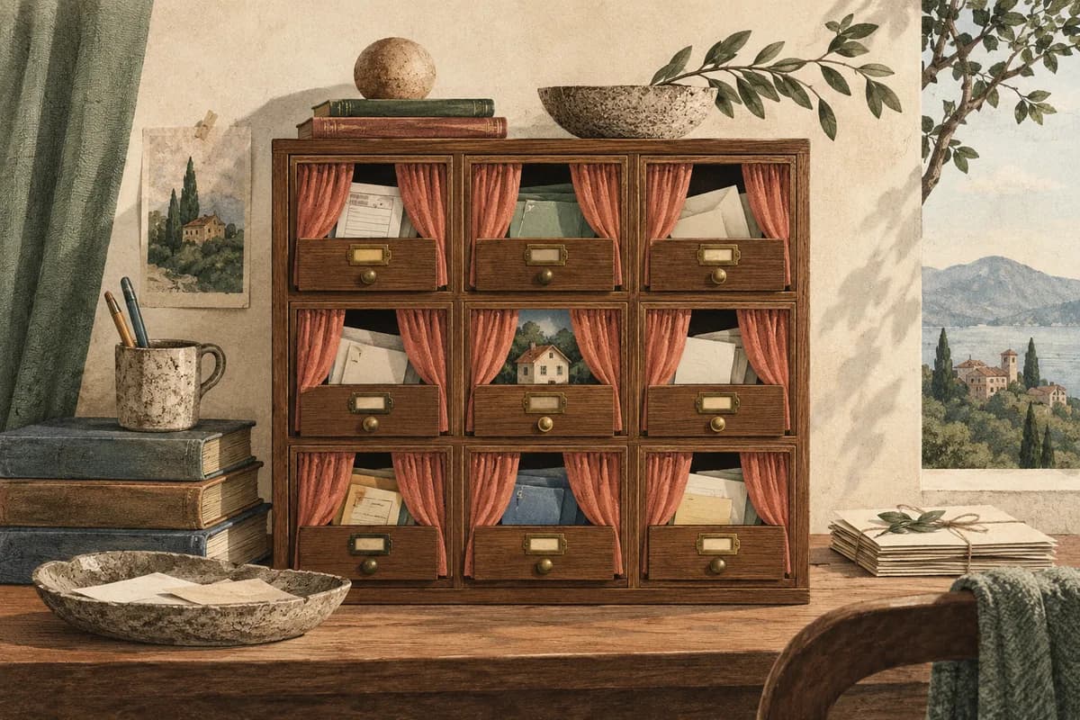 Editorial illustration of a tidy little cabinet of drawers with private curtains.