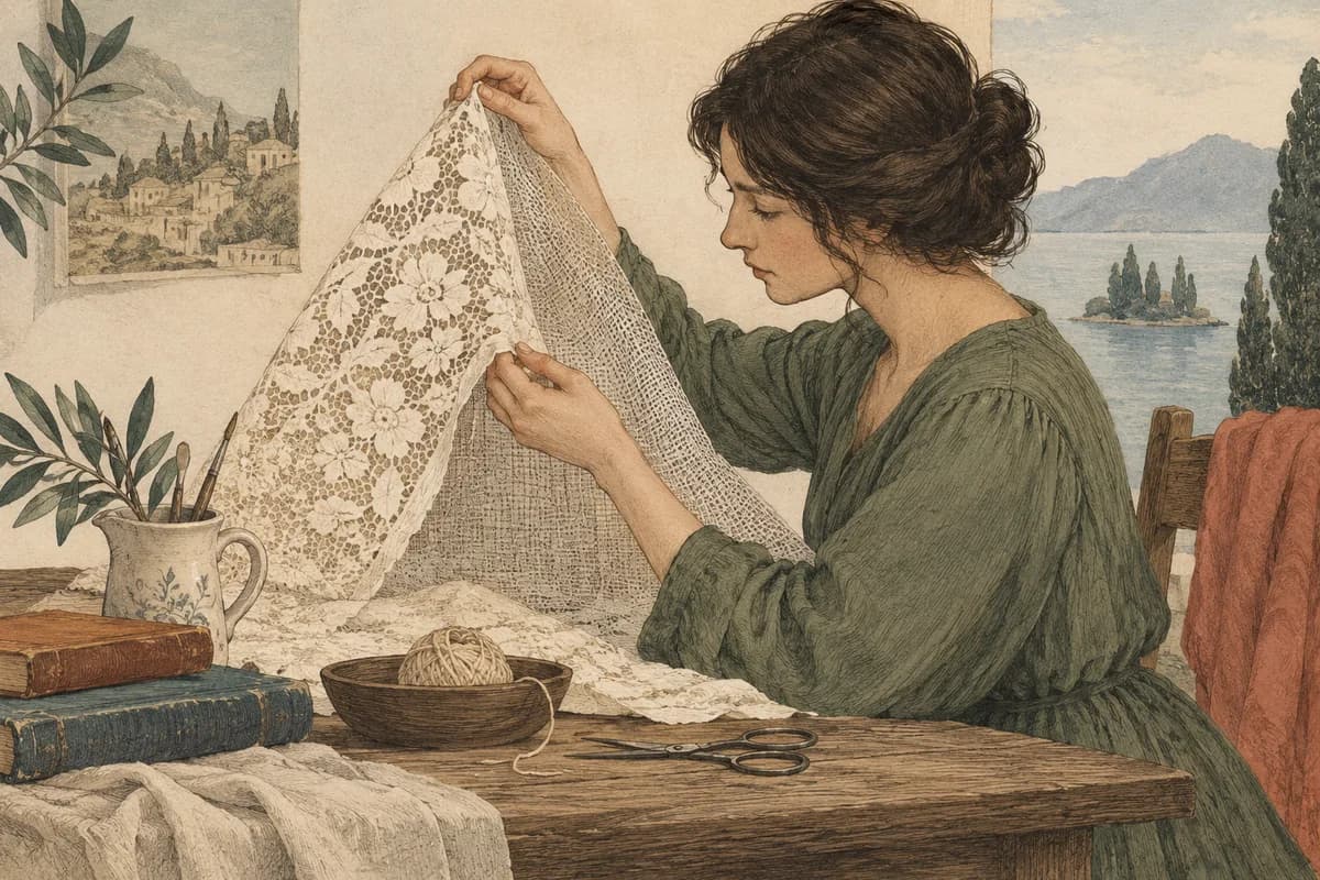 Editorial illustration of a lace cloth whose pattern is checked against its woven backing.