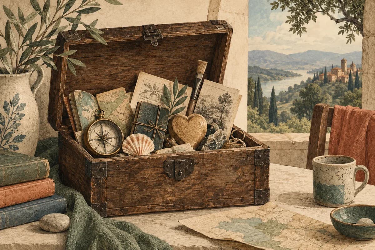 Editorial illustration of an old wooden chest revealing small authentic treasures.